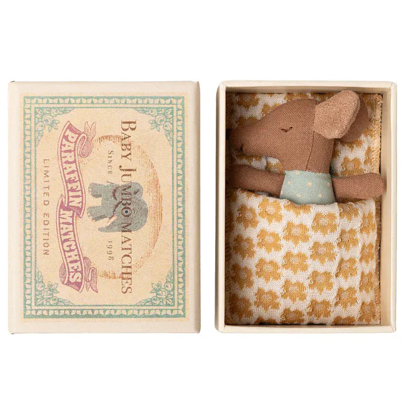 Maileg Sleepy Wakey Baby Mouse in Matchbox Blue