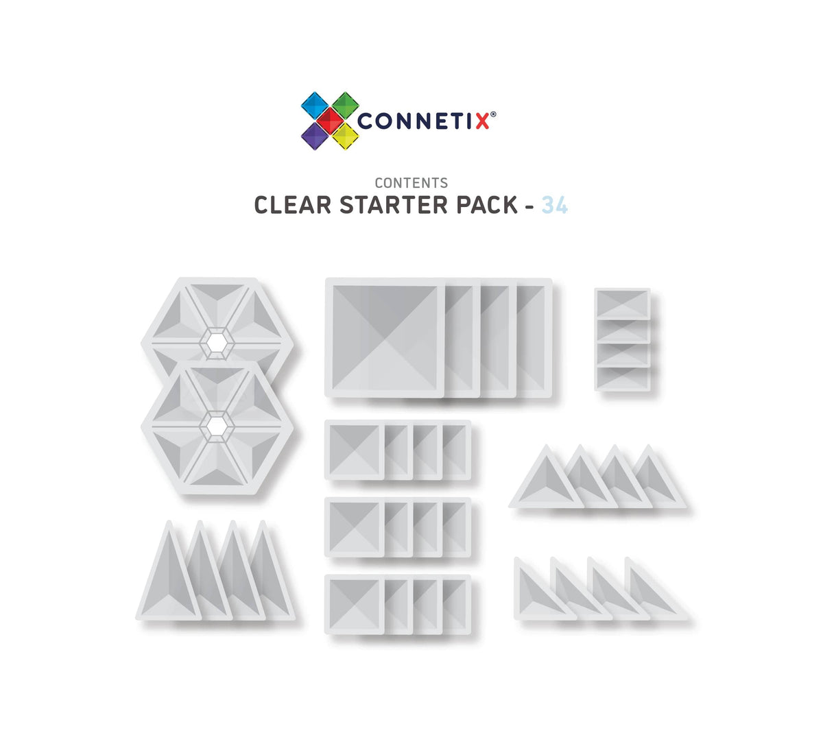 (Slight Colour Variance) Connetix Tiles 34 Piece Clear Pack