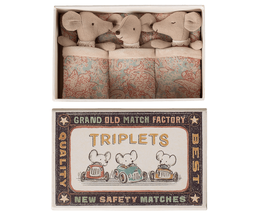 Maileg Triplets Baby Mice in Matchbox Checker