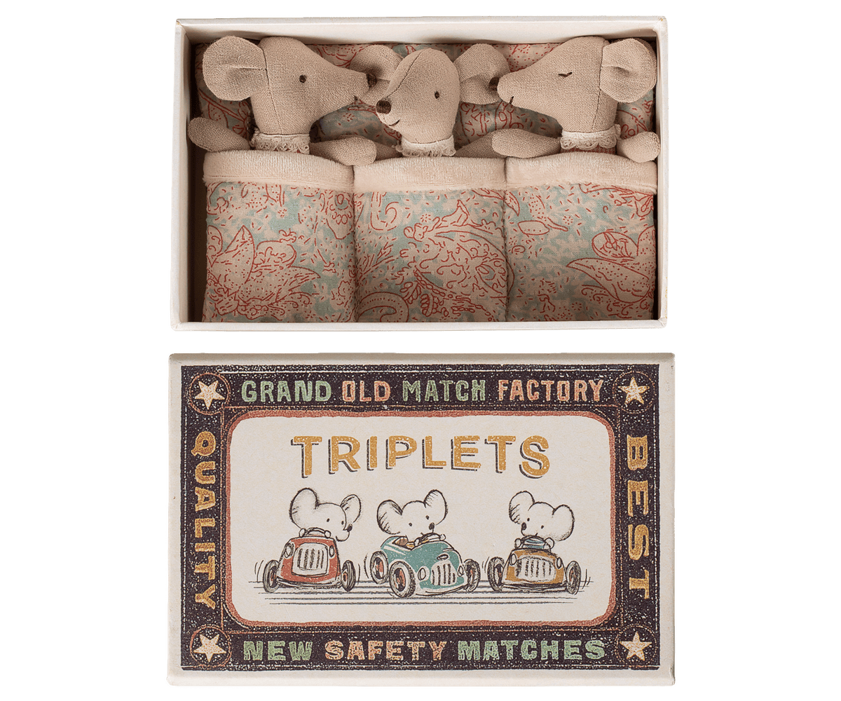 Maileg Triplets Baby Mice in Matchbox Checker