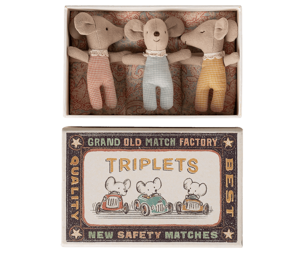 Maileg Triplets Baby Mice in Matchbox Checker