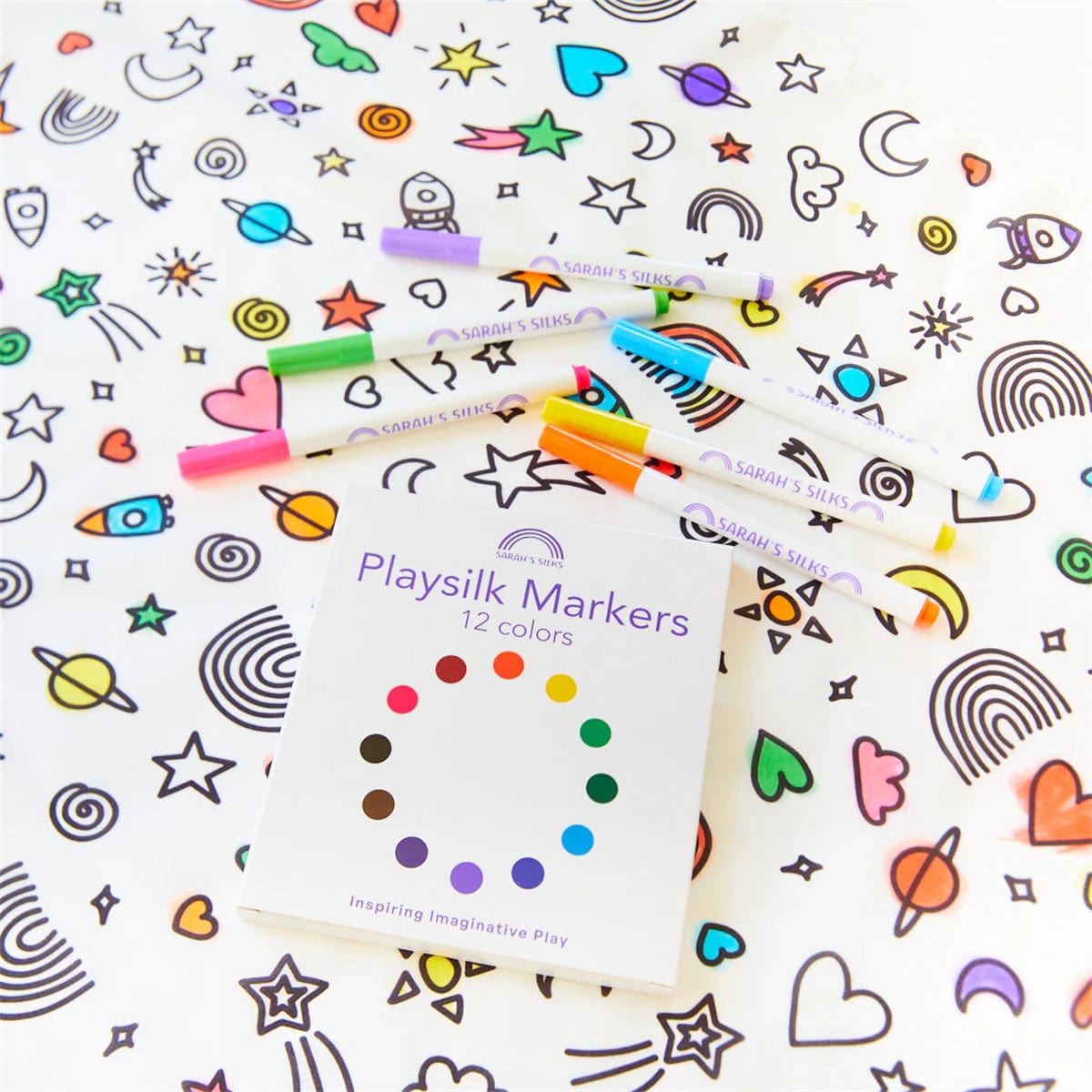 Sarah's Silks Rainbow Sky Coloring Seek and Find +  Playsilk Marker Set