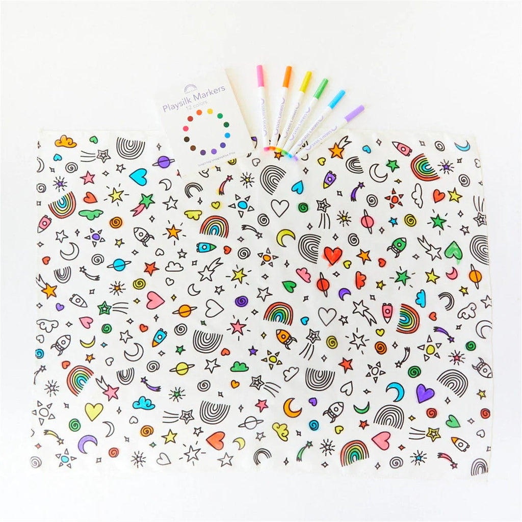 Sarah's Silks Rainbow Sky Coloring Seek and Find +  Playsilk Marker Set