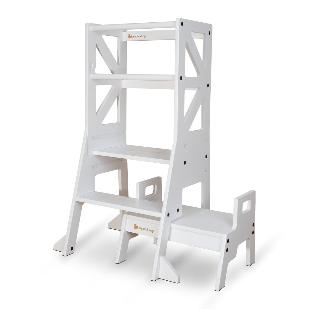myduckling Deluxe Adjustable Learning Tower (White) - Flag with Rectangle Handle