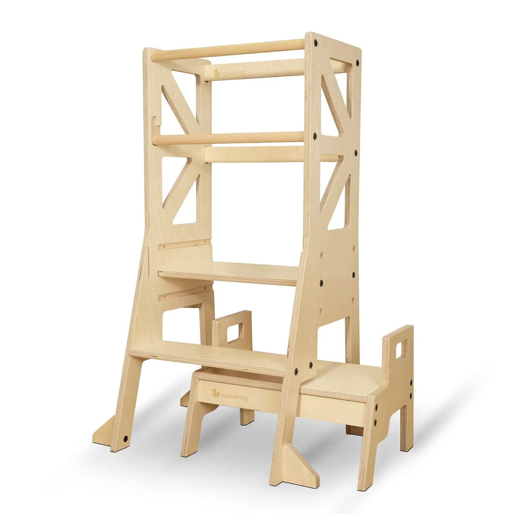 myduckling Deluxe Adjustable Learning Tower (Natural) - Flag with Rectangle Handle