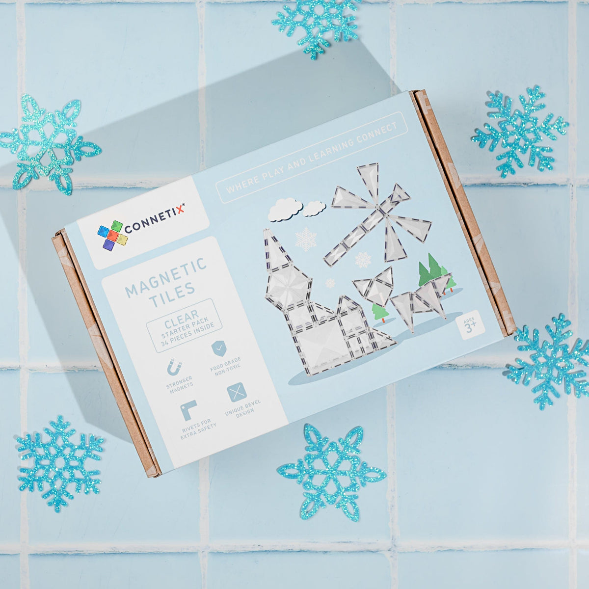 (Slight Colour Variance) Connetix Tiles 34 Piece Clear Pack